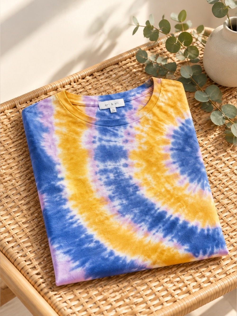 Eri & Ali Blue Yellow Spiral Tie Dye Crewneck T-Shirt Short Sleeve Tee